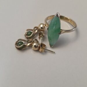 14kt Jade Earrings And Green Jade Gold Filled Marquise Ring 7.5